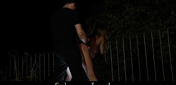  Blonde cuffed out in the dark to relish cock